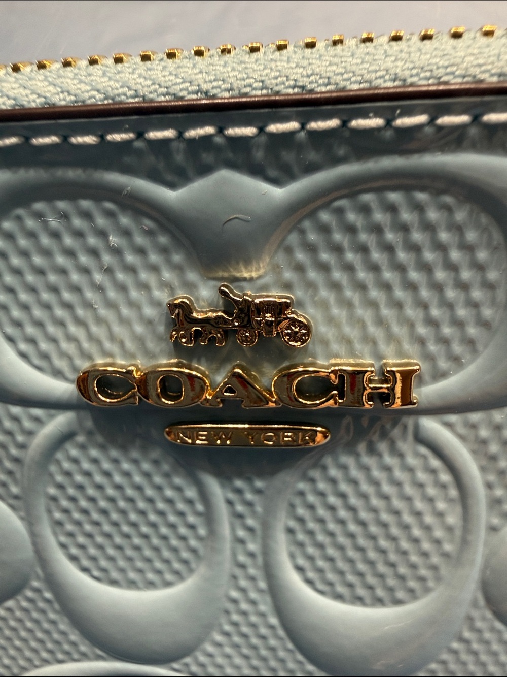 COACH Light Blue Embossed Signature Wristlet with Tan Strap - Picture 3 of 7
